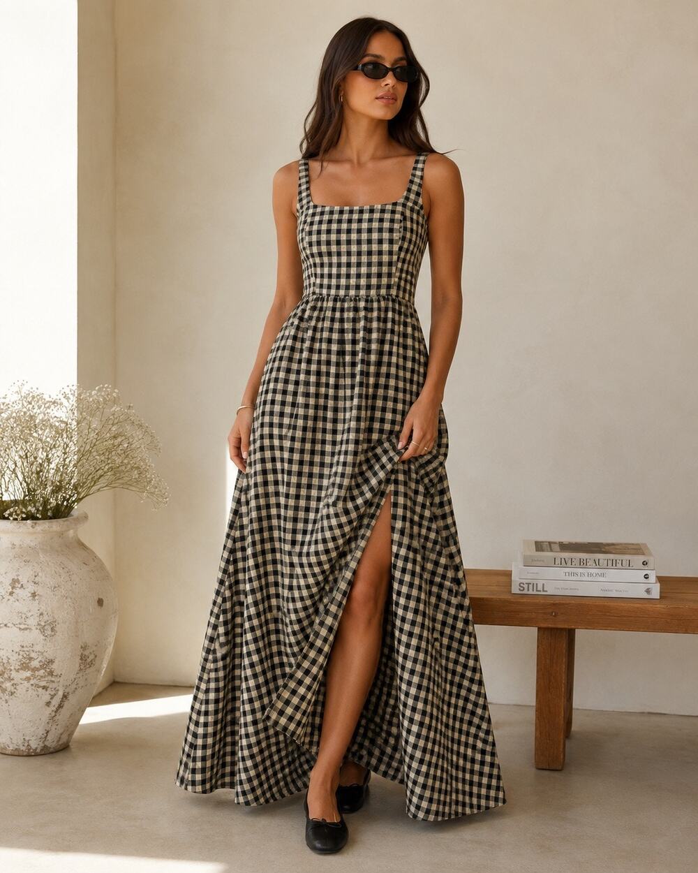 Princess Polly Cartmel Check Maxi Dress Black Cream Gingham Cotton US 4